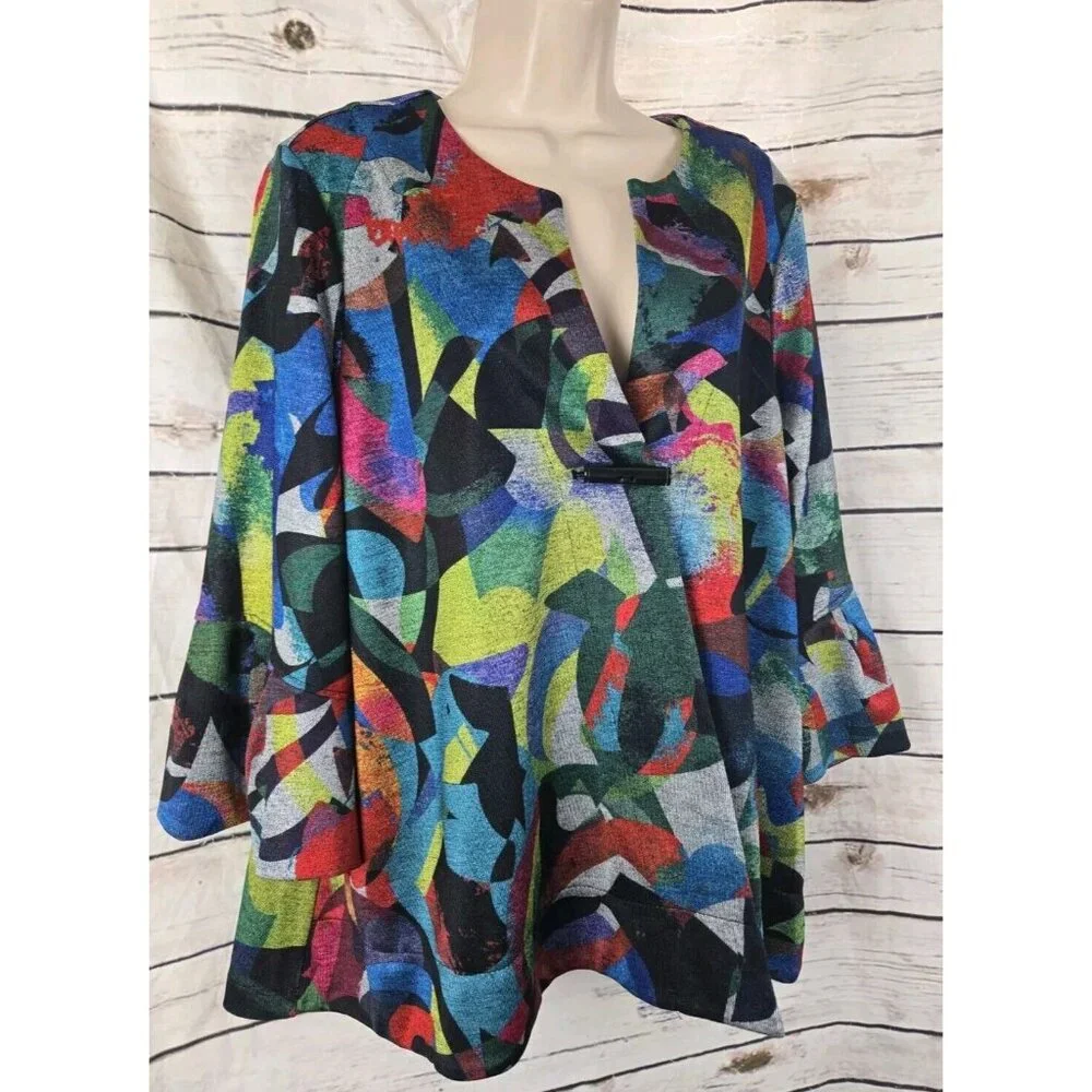 Ali Miles Colorful Jacket Cardigan PXL Artsy Bell Sleeve Swing Womens Abstract - Picture 2 of 8